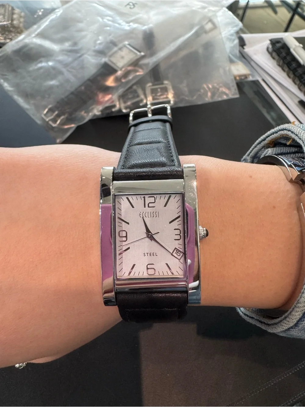 New Ecclissi Stainless Steel Tank-Style Rectangular Watch w/ Black Leather Band